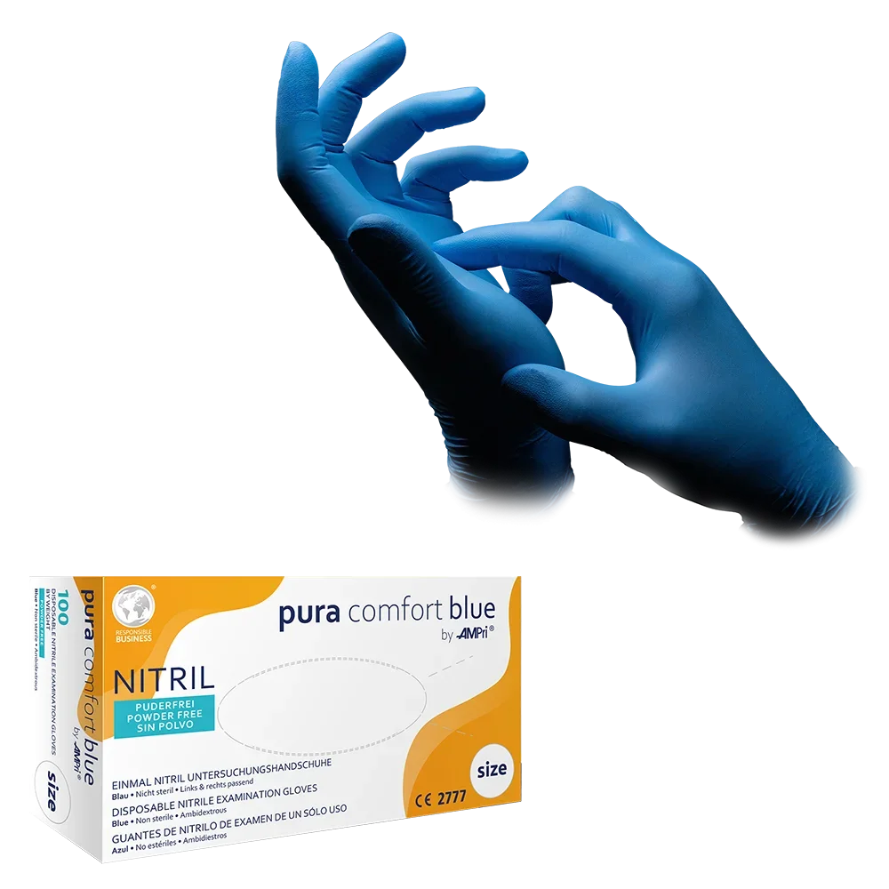 Blaue Nitrilhandschuhe in Nahaufnahme, Hände beim Anziehen.