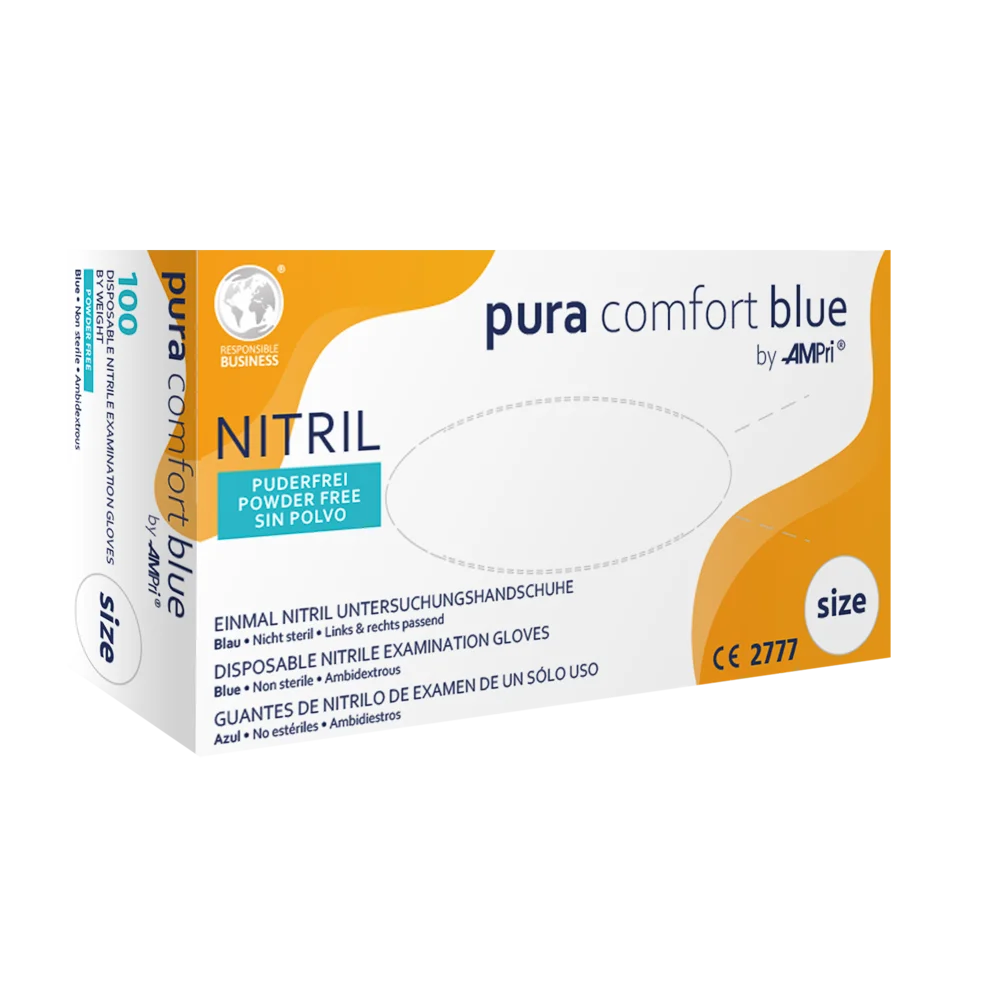 Puracomfort blue Nitrilhandschuhe Verpackung mit Größenangabe und CE-Zertifizierung.