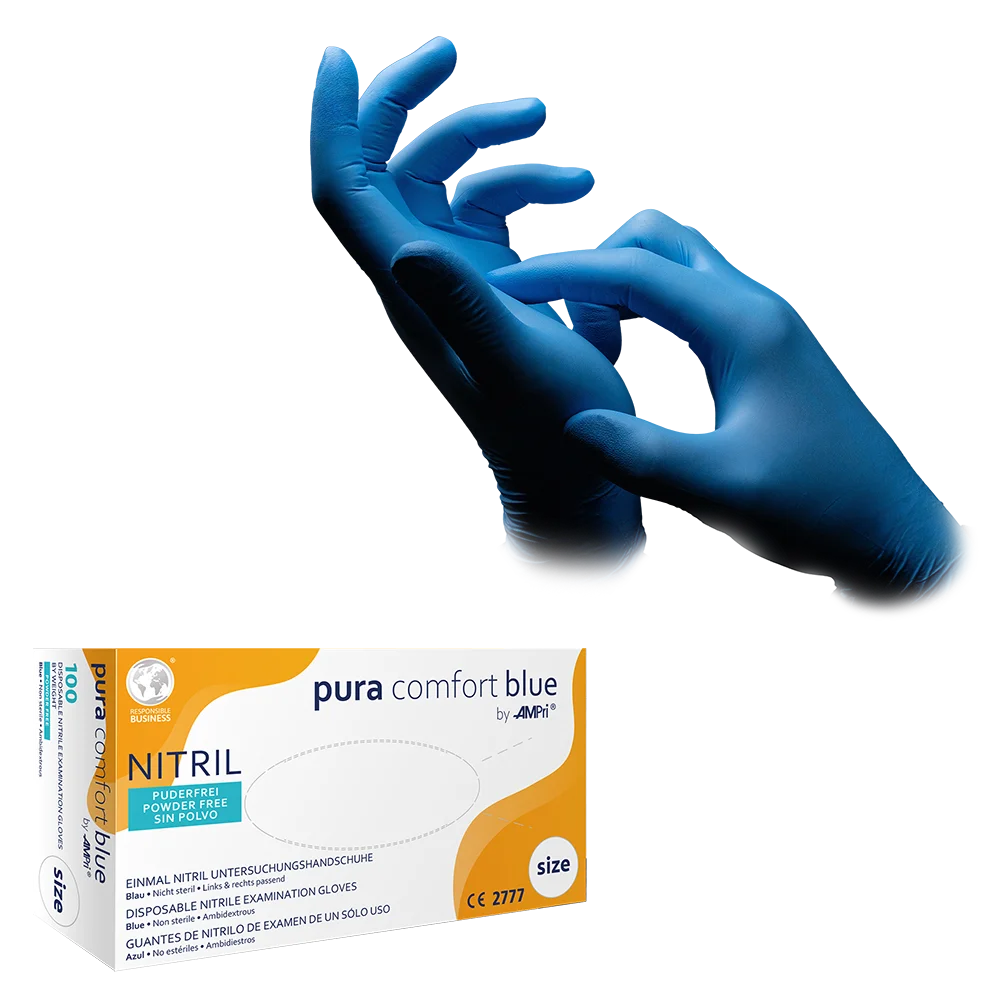 Einmal-Nitrilhandschuhe Pura Comfort blue in Größe L, beidhändig getragen.