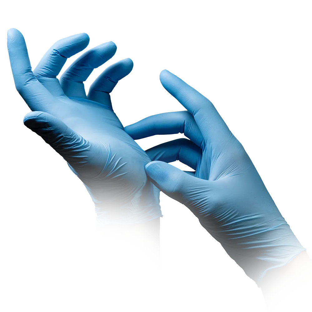 Fingertexturierte blaue Nitrilhandschuhe Pura Comfort beim Anziehen.