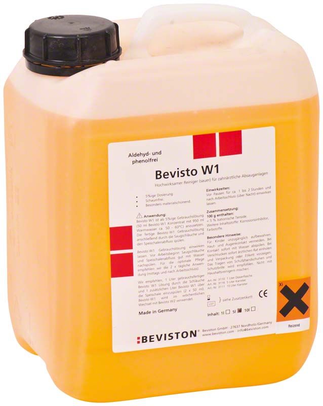 Bevisto W1 5 Liter Kanister mit Etikett für zahnärztliche Absauganlagenreinigung.