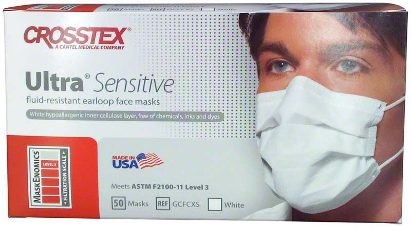 Crosstex Ultra™ Sensitive Ohrschlaufenmaske in Originalverpackung mit Modellabbildung.