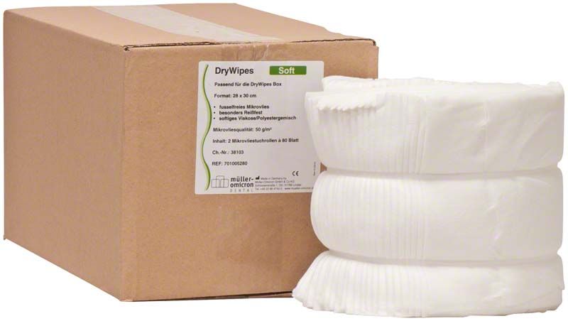 Nachfüllrolle für DryWipes Soft Vliestücher neben Verpackung.