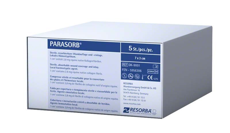 Sterile PARASORB® Fleece 7 x 3 cm in Produktverpackung, 5 Stück.