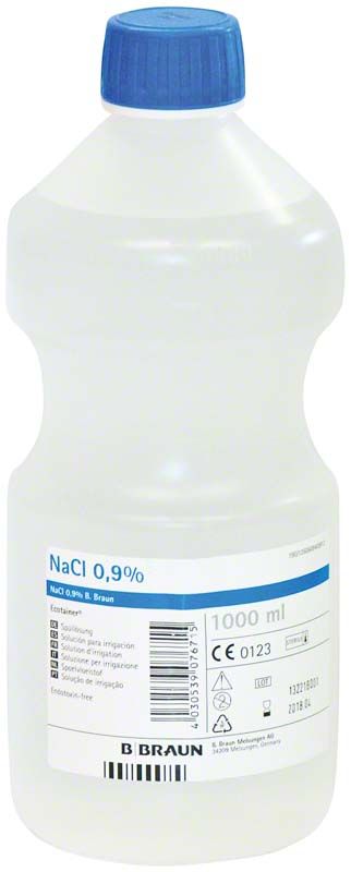 NaCl 0,9% Spüllösung Flasche 1l mit blauem Schraubverschluss.