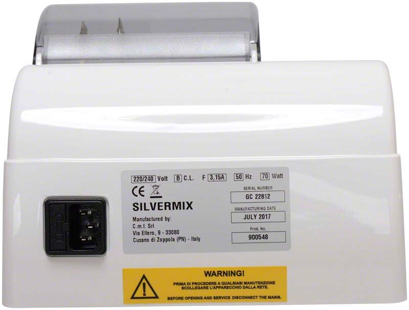 Rückansicht des Silvermix Anmischgeräts mit technischen Angaben auf Etikett.