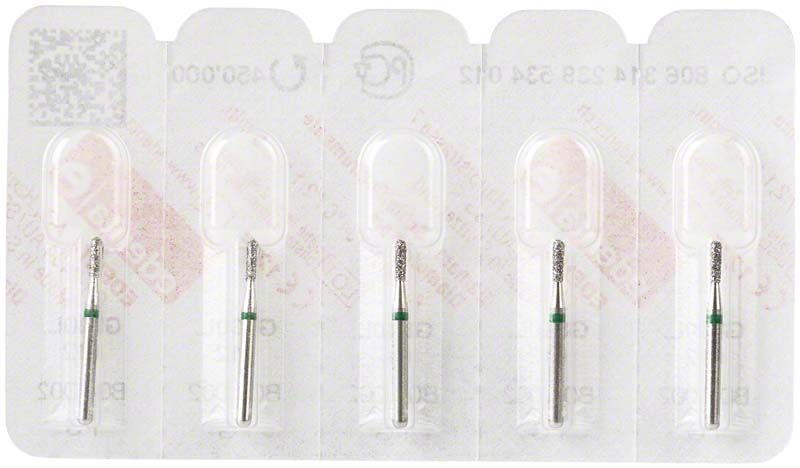 Diamantenschleifer FG 830LG 012 in Verpackung, grob mit grünem Ring.