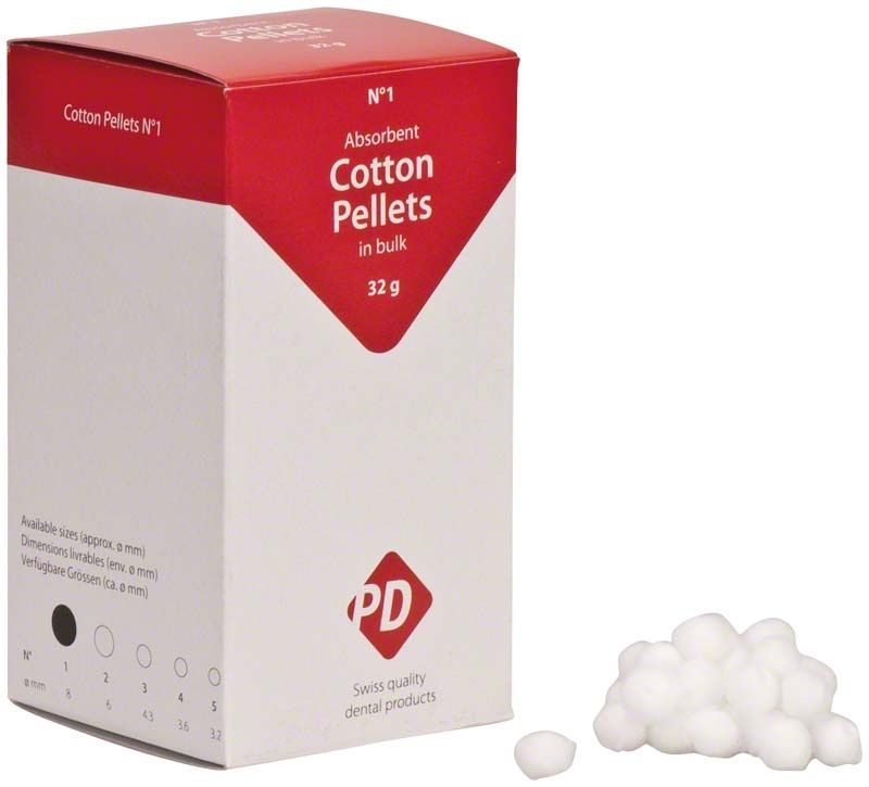 PD Wattekügelchen Gr. 1, 32g Packung mit Wattepellets und Produktschachtel.