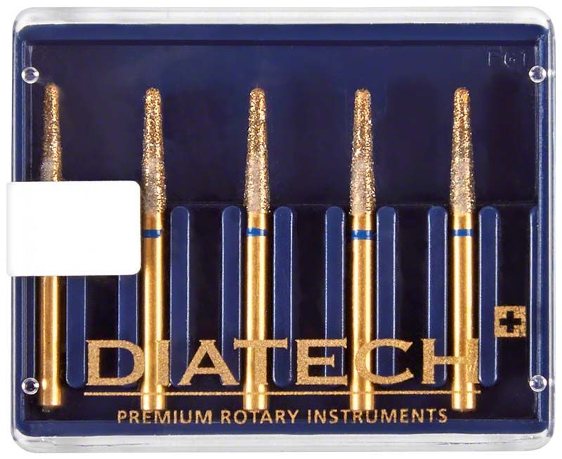 Diatech Diamant FG G847R 018 8ML, fünf diamantbeschichtete Dentalinstrumente in Kunststoffbox.