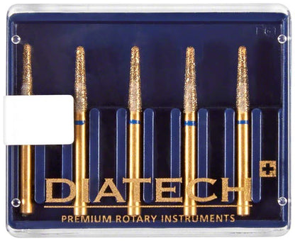 Diatech Diamant FG G847R 018 8ML, fünf diamantbeschichtete Dentalinstrumente in Kunststoffbox.
