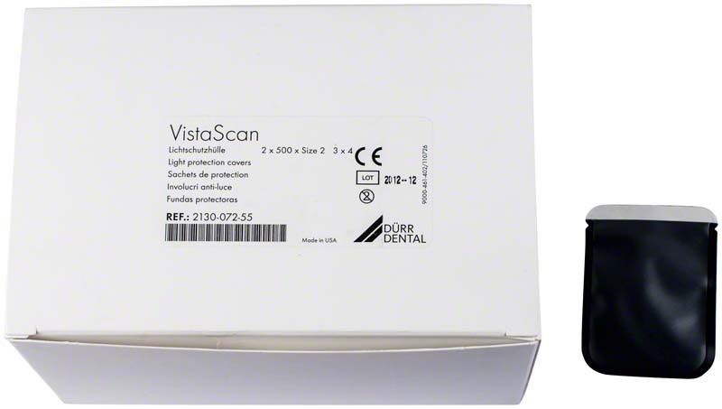 VistaScan Lichtschutzhüllen Verpackung mit Produktdetails und Dürr Dental Logo.