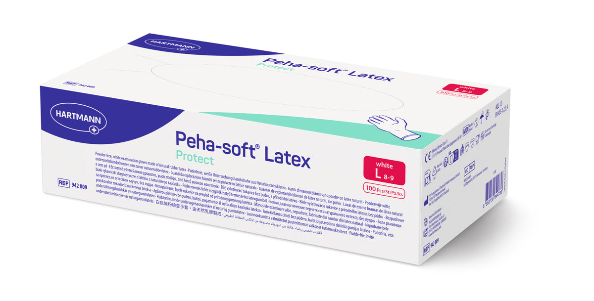 Peha-soft Latex Protect puderfreie Untersuchungshandschuhe, Größe L, Verpackung mit Beschriftung.