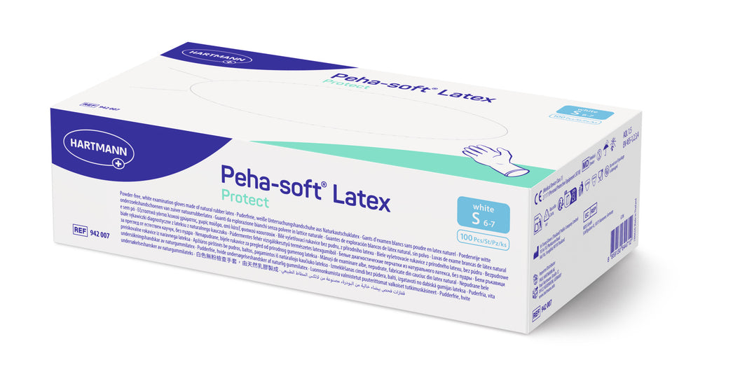 Peha-soft Latex Protect Untersuchungshandschuhe, puderfrei, Größe S, Verpackung.
