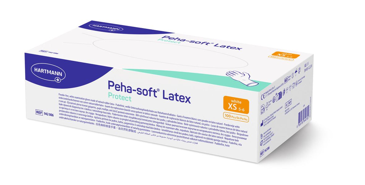 Peha-soft Latex Protect puderfreie Untersuchungshandschuhe, Größe XS, auf Verpackung abgebildet.