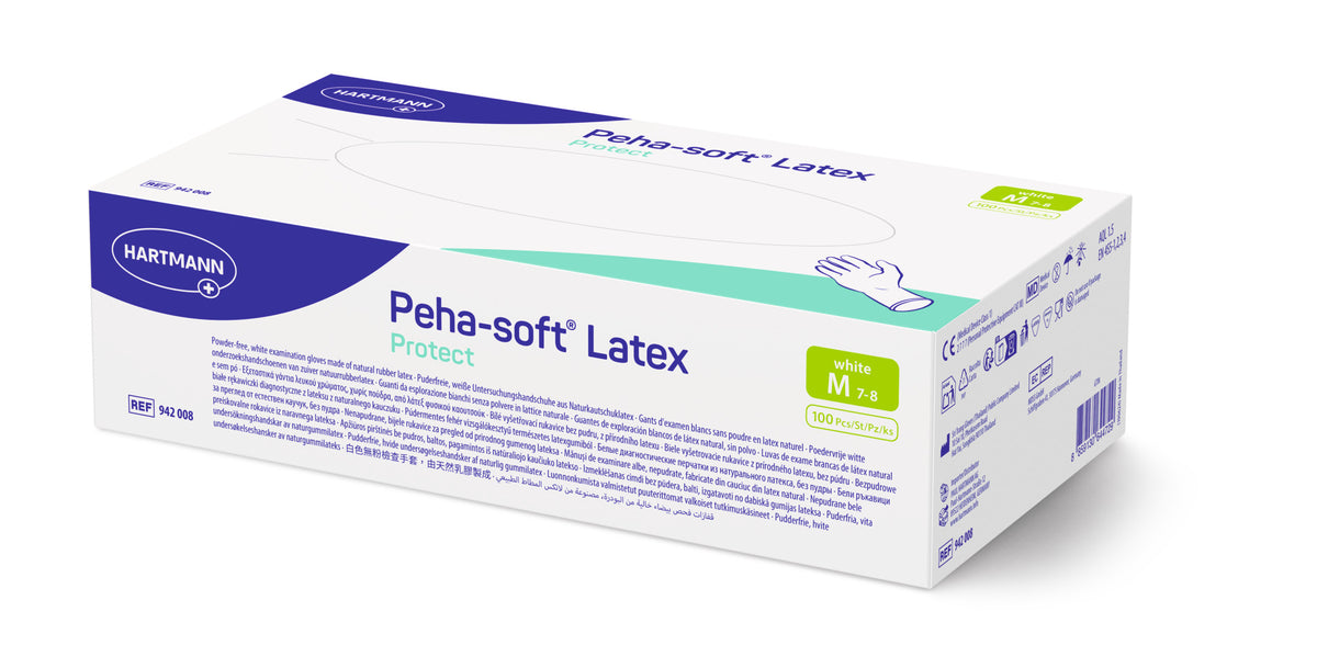 Peha-soft Latex Protect Untersuchungshandschuhe, puderfrei, Größe M, Verpackung.