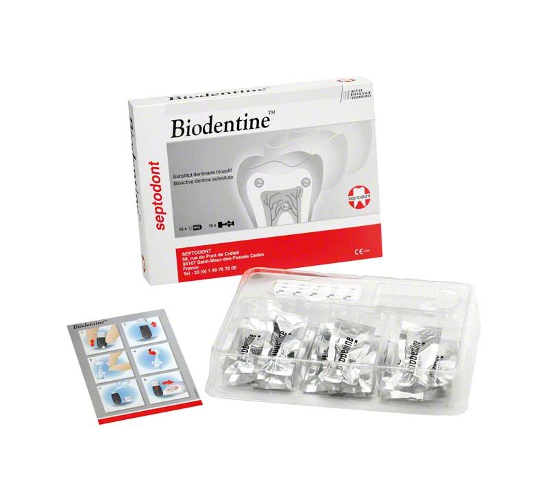 Biodentine-Produktverpackung mit Dentinersatzkapseln und Beipackzettel.
