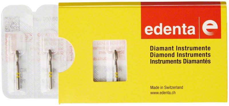 Zahnarztbohrer K-Diamant FG 369 025 in gelber Verpackung von edenta.