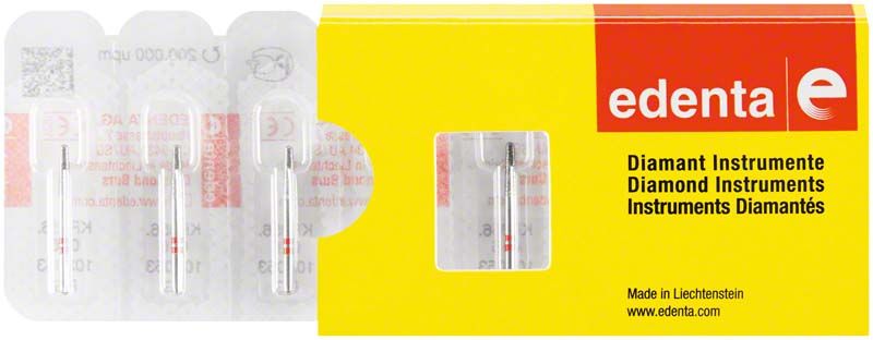 Verpackung der K-Diamant FG 856F 016 mit drei diamantbeschichteten Instrumenten.