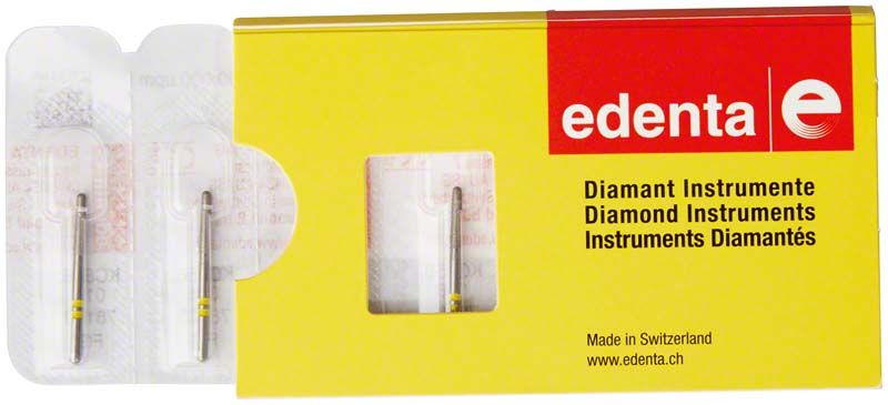 Gelbe Verpackung der K-Diamant FG 856C 016 mit zwei Diamantinstrumenten.