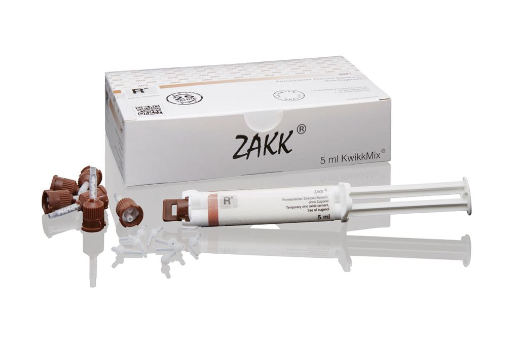 Selbsthärtender provisorischer Zement ZAKK® mit Intra-Oral-Tips und Verpackung.