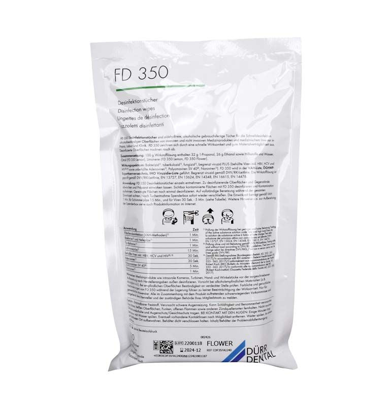 FD 350 flower Nachfüllbeutel mit Desinfektionstücher-Verpackung und Gebrauchsanleitung.