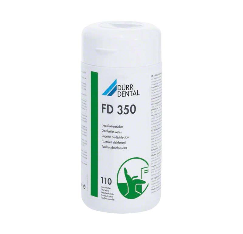FD 350 Desinfektionstücher-Dose von Dürr Dental mit grünem Etikett.