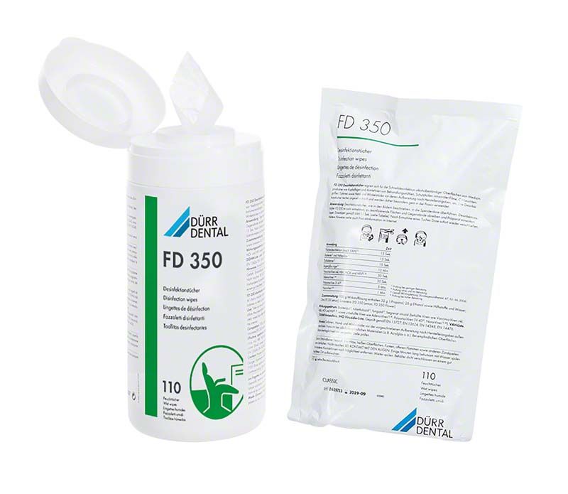 FD 350 Desinfektionstücher-Dose und Nachfüllpackung von Dürr Dental.