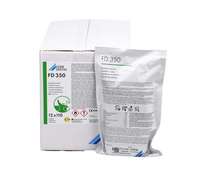 FD 350 lemon Nachfüllbeutel und Karton mit Desinfektionstüchern für Zahnarztpraxen.