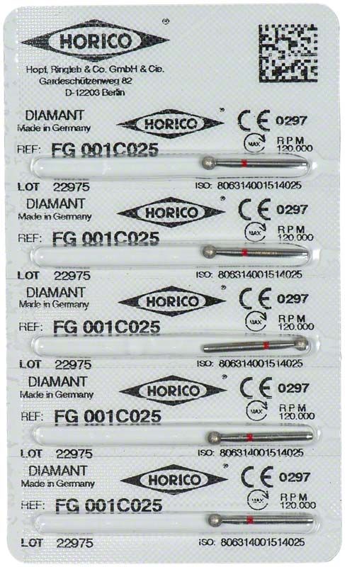 Blisterverpackung mit Diamant FG 001C 025 Dentalinstrumenten.