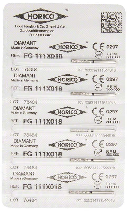 Verpackung mit fünf Diamant-FG-111X-018-Schleifern von Horico.