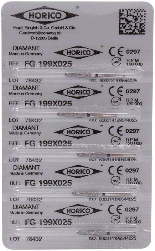 Blisterverpackung mit Diamant FG 199X 025 Dentalbohrern.