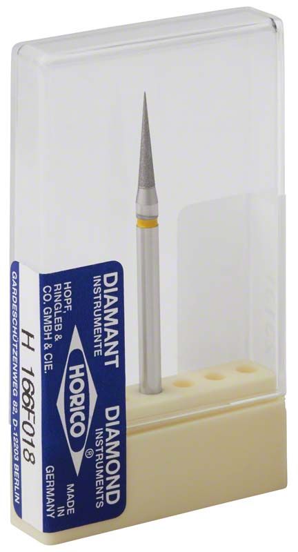 Diamantschleifinstrument H 166F 018 in transparenter Kunststoffverpackung.