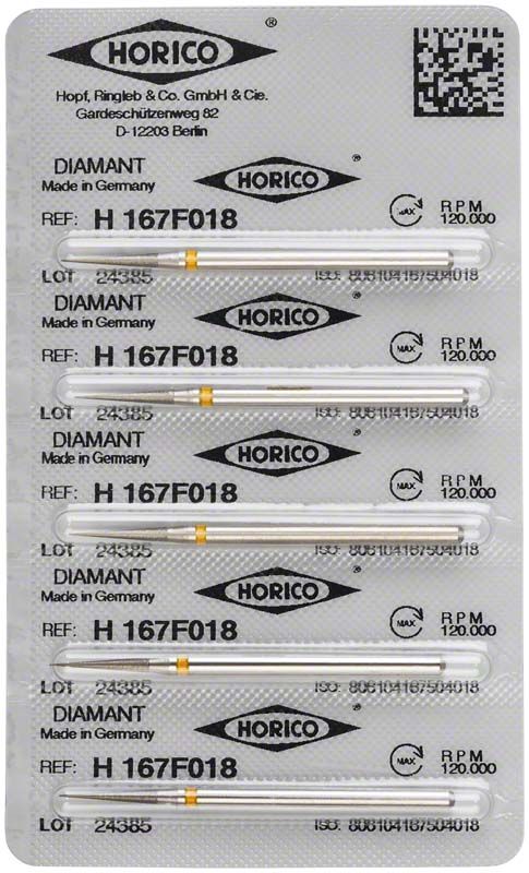 Blisterpackung mit fünf Diamantbohrern, Modell H 167F 018, von Horico.