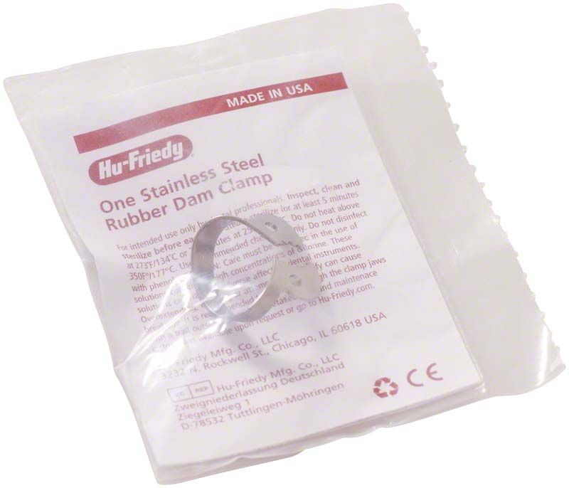 Kofferdam-Klammer aus Edelstahl in Originalverpackung mit Produktinformationen.