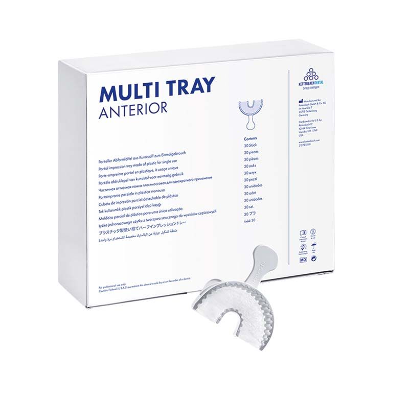 Multi Tray anterior Abformlöffel in weißer Verpackung mit Produktname und Logo.