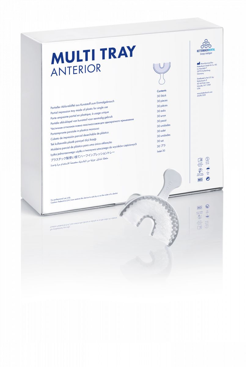 Multi Tray anterior Abformlöffel aus Kunststoff vor weißer Verpackung.