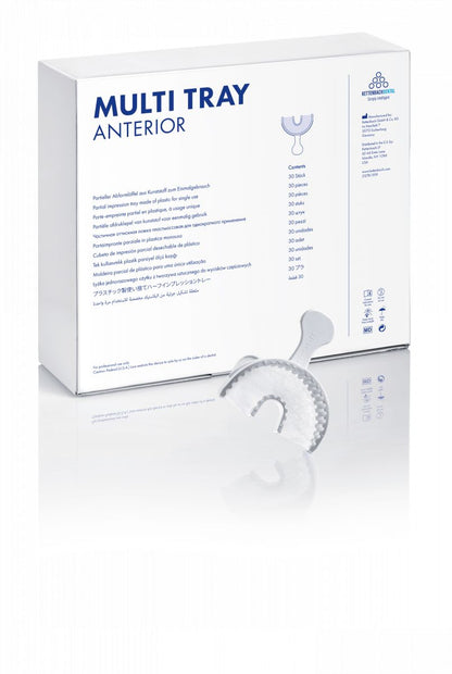 Multi Tray anterior Abformlöffel aus Kunststoff vor weißer Verpackung.