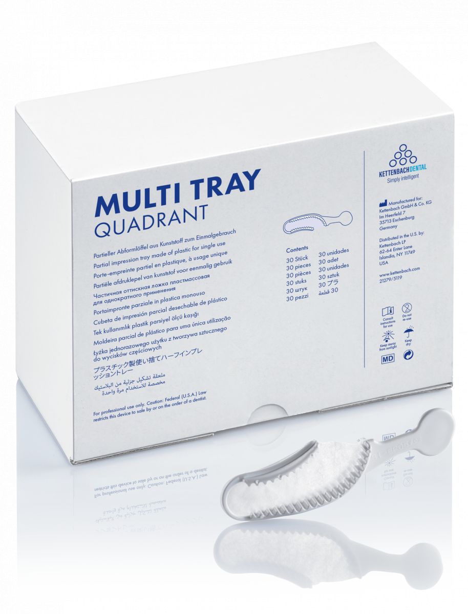 Multi Tray Einweg-Abformlöffel Verpackung mit Produktabbildung und Beschreibung.