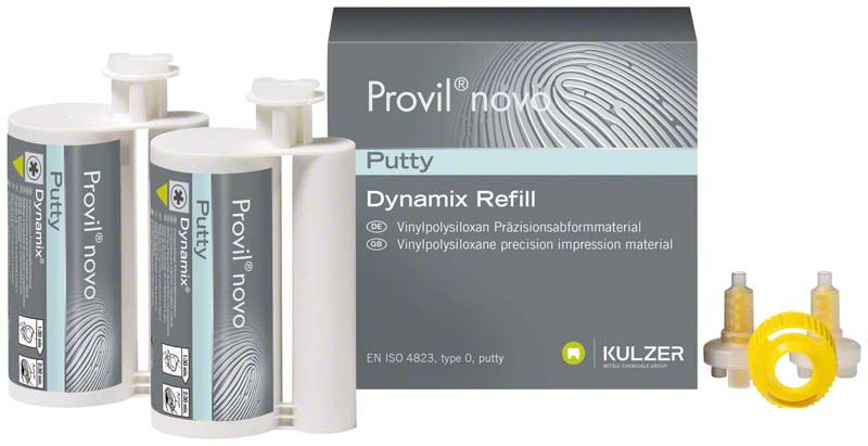 Provil novo Dynamix Putty Kartuschen und Verpackung mit Kulzer-Logo.