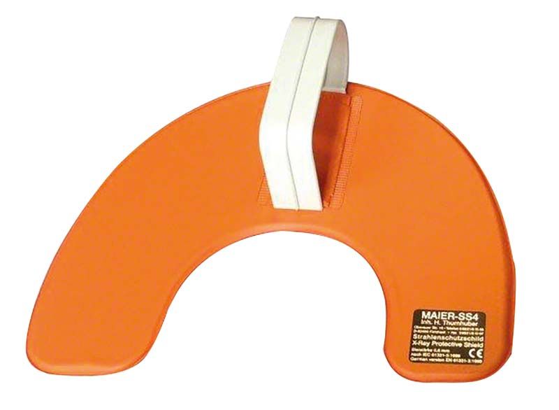 Oranges Strahlenschutzschild mit weißem Handgriff für den Dentalbereich.