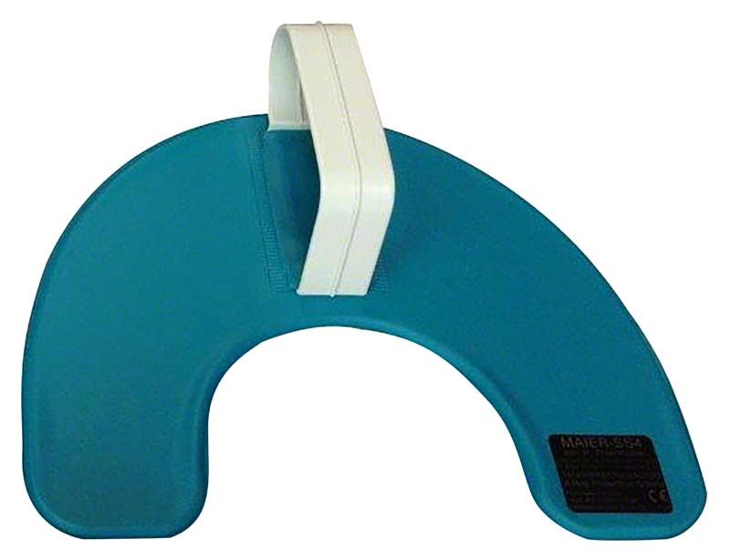 Strahlenschutzschild türkis mit weißem Handgriff für dentale Anwendungen.