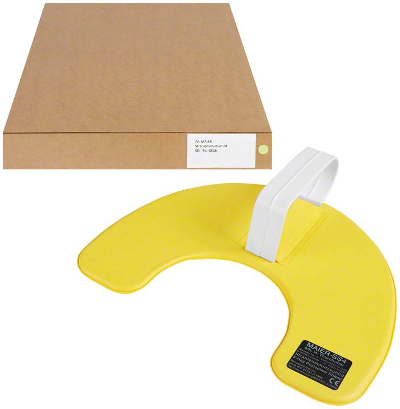 Gelbes Strahlenschutzschild mit weißem Griff und Verpackung.