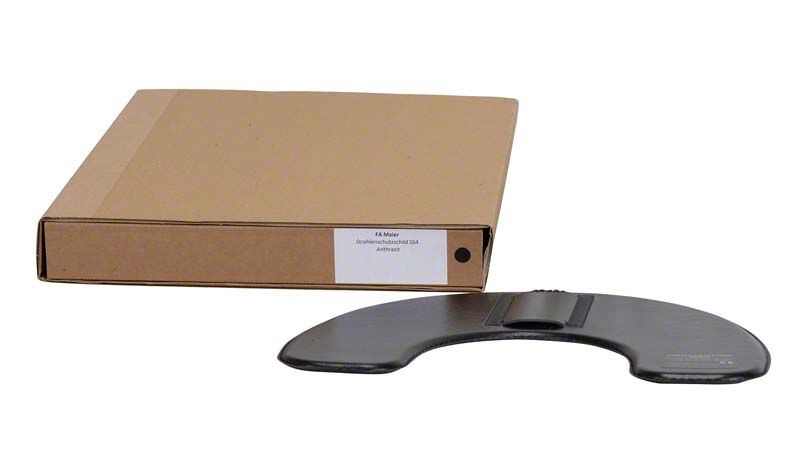 Strahlenschutzschild anthrazit mit auswechselbarem Handgriff und Verpackung.