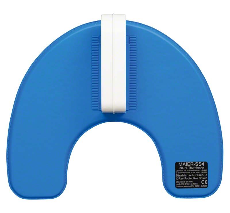 Strahlenschutzschild mittelblau mit weißem Handgriff für Zahnarztpraxen.