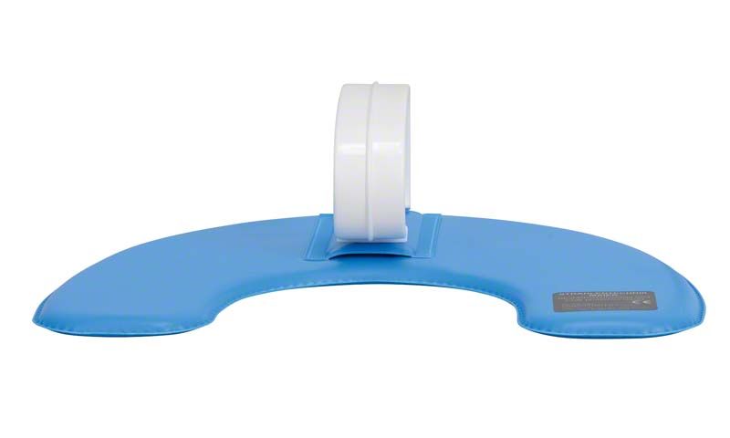 Strahlenschutzschild mittelblau mit weißem, auswechselbarem Handgriff, ideal für Zahnarztpraxen.