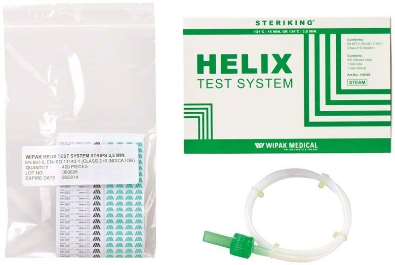 Helix Test System HX 400 mit Verpackung und Teststreifen.