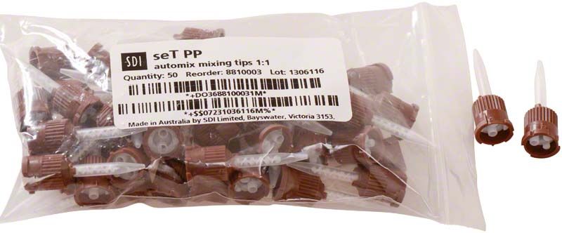 Mischkanülen SeT PP im transparenten Beutel, braune Spitzen sichtbar.