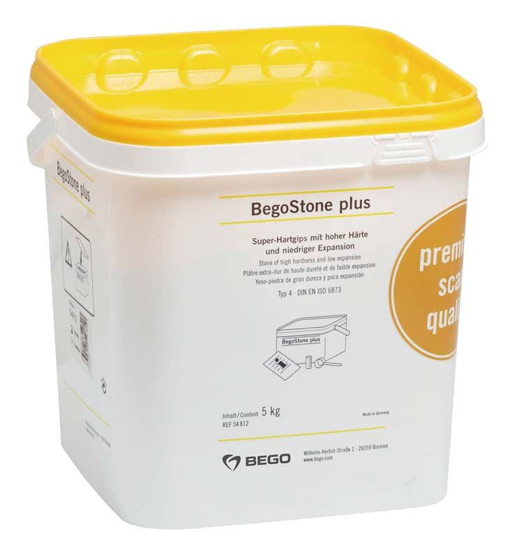 BegoStone plus 5kg Kunststoffbehälter mit gelbem Deckel und Produktinformationen.