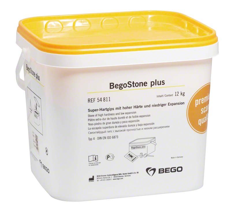 BegoStone plus 12kg Eimer mit gelbem Deckel und Produktinformationen.