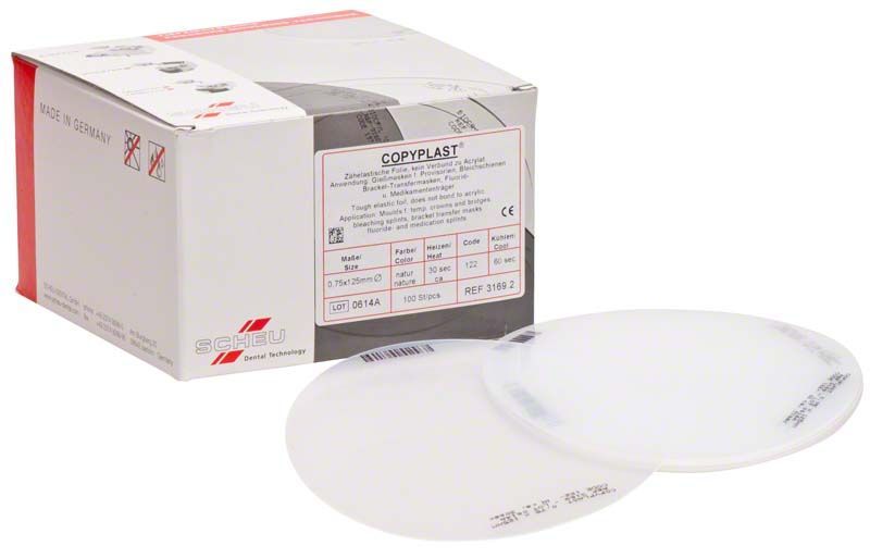 COPYPLAST® Tiefziehfolien, rund, auf Verpackung und einzeln, für den dentalen Einsatz.